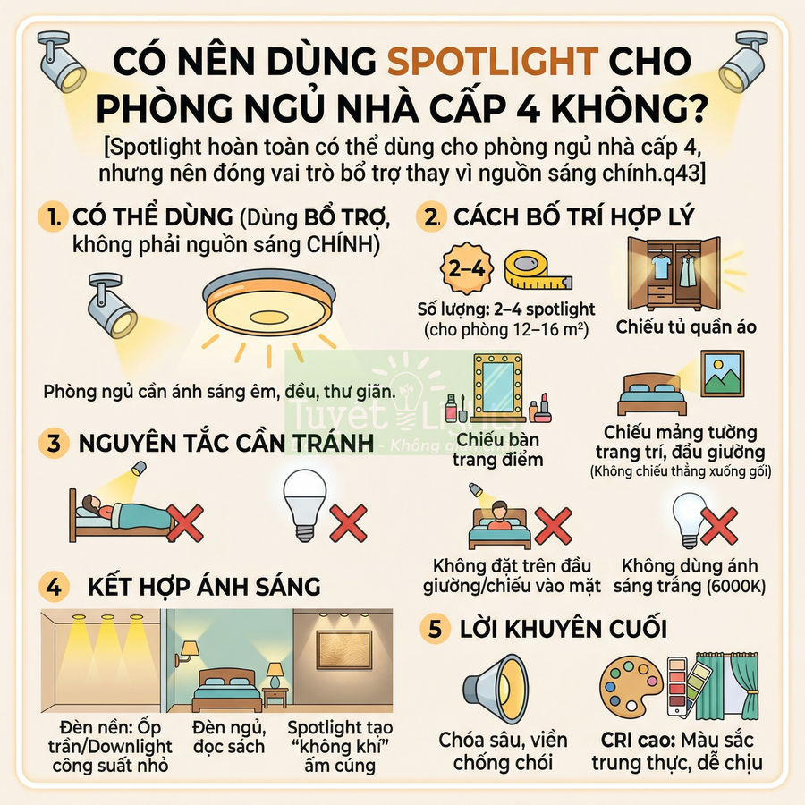 Hướng dẫn sử dụng đèn spotlight cho phòng ngủ nhà cấp 4 với cách bố trí, nguyên tắc tránh và mẹo kết hợp ánh sáng